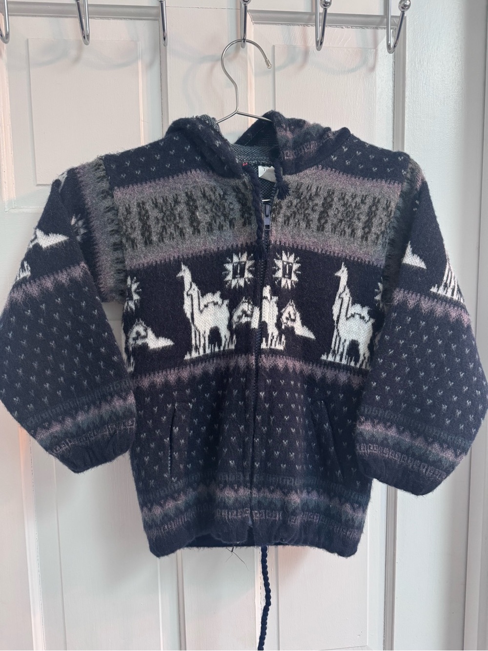 Children's Navy Zip Hoodie Sweater with Llama Pattern